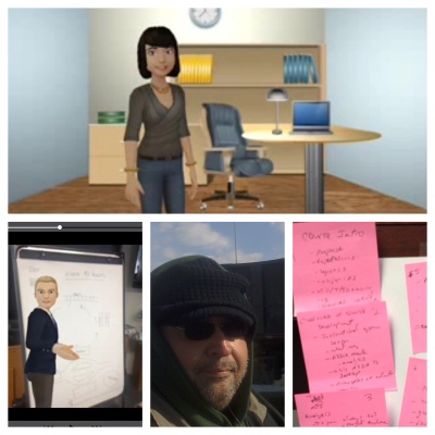 photo collage showing animated characters, a photo of the author and a collection of pink sticky notes