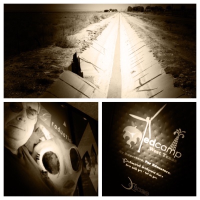 Collage of three photos including an irrigation ditch, a bag with the EdCampWestTexas logo, and a man standing next to a space alien totem