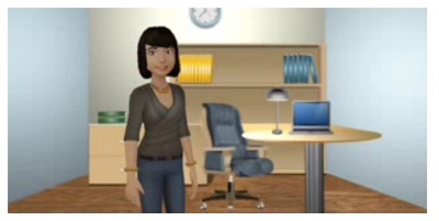 image of a female Tellagami character standing in front of an office desk